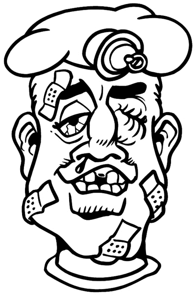 Beat up man with face bandages and a black eye vinyl sticker. Customize on line. Health Illness Anatomy 050-0297